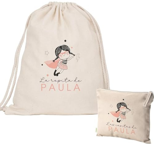 Evyre | Pack Bolsa y Neceser | Mochila Infantil Personalizada con Nombre | Mochila Niña/o + Neceser Bebe Guarderia | Mochila de Cuerdas Niño/a Algodón Orgánico | Bolsa Merienda Infantil | SuperNena
