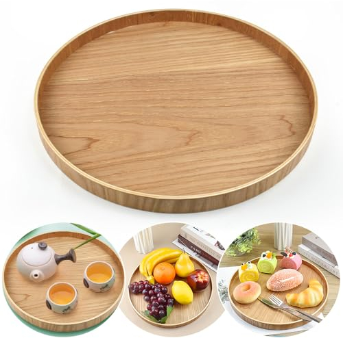 DTYGUIXE Bandeja de Madera para Servir Comida, Redonda de 30 cm, Decorativa de Centro de Mesa para Desayuno, Florero, Vela y Perfume