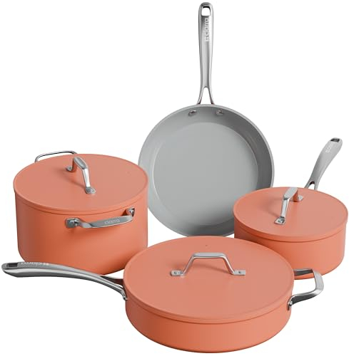 Ciarra Beyond Pfannenset Induktion Orange Topfset 4-teiliges Gesunde Keramik Antihaft,Bratpfanne 26cm,Schmorpfanne 28cm 4.2L,Milchtopf 20cm 2.8L,Suppentopf 24cm 5.9L mit Deckel Kochtopf Set