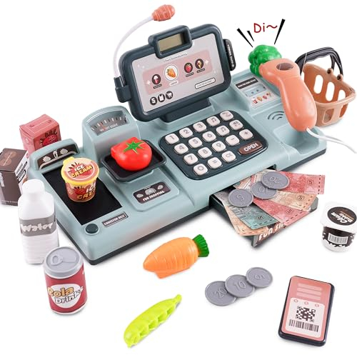 Kinder Kasse Spielzeug Supermarkt Registrierkasse mit Scanner, Sound, Essen, Kreditkarten-Geschenk, Einkaufskorb Kaufladen Zubehör Rollenspiel Spielzeug für Mädchen Jungen ab 3 Jahre +, Grün
