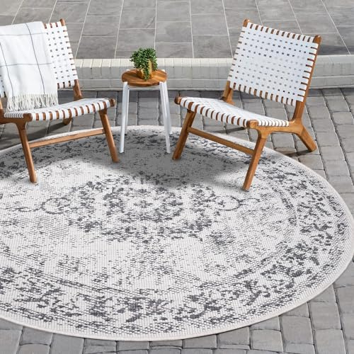 payé inomhus- och utomhusmatta – grå grädde – 120 x 120 cm rund – ornament – vändmatta väderbeständig för balkong terrass – inomhusmattor, vardagsrum, kök