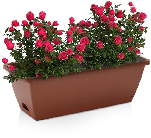 DKIEI 5 Pcs Large Flower Planter Outdoor Plastic Vegetable Plant Pot With Drainage Holes & Tray, Rectangle Plant Trough Planters For Succulent, Window Long Pots For Balcony (Brick red 42.5*17*15Cm)