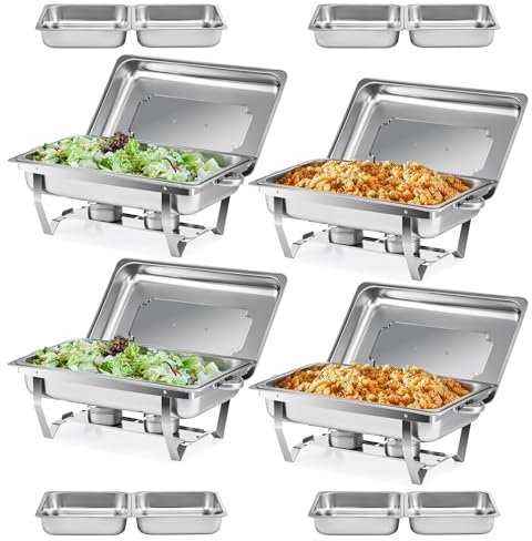 Wilprep Lot de 4 Chafing Dish 1 Plat Complet + 2 Demi Plats, Buffets Chauffants Rectangulaire 9L en Acier Inoxydable pour Restaurants Fêtes Buffets Banquets Dîners (Lot de 4 - GN1/1+2×GN1/2)