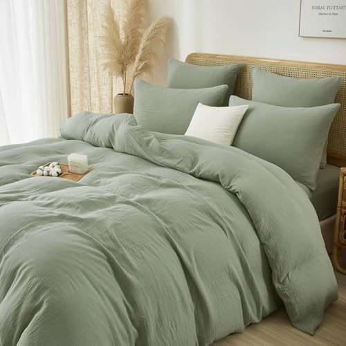 Luofanfei Baumwolle Musselin Bettwäsche 135x200 4teilig Grün Salbeigrün Renforce Uni Sommer Kühlende Boho Bettwäsche Set Knitterlook Bettbezüge Bügelfrei mit Reißverschluss und Kissenbezüge 80x80