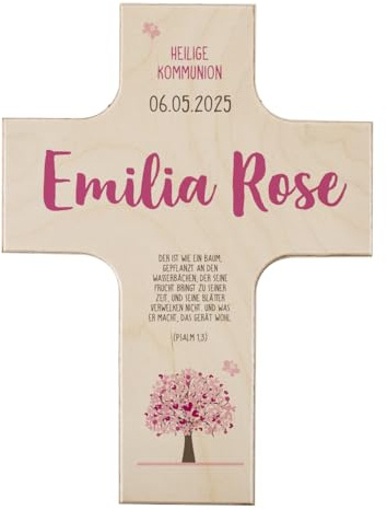 Striefchen® Holzkreuz zur Taufe, Kommunion oder Konfirmation mit Namen (Baum Rosa, 14 cm x 19 cm x 1,5 cm)