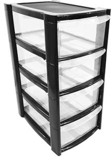KAPCO 4 Tier Mini Tower Plastic Storage Drawers | Compact Desktop Organizer with Transparent Drawers for Office, Home, Kitchen, Makeup, Crafts | Stackable & Portable Mini Tower Cabinet 26 x 19 x 40 cm
