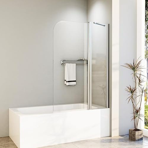 Duschwand für Badewanne 100x140cm 2-Teilig Faltbar Badewannenaufsatz, Duschabtrennung Faltwand mit Seitenwand, Duschtrennwand aus 6mm NANO Sicherheitsglas, Badewannenfaltwand in Silber Alu