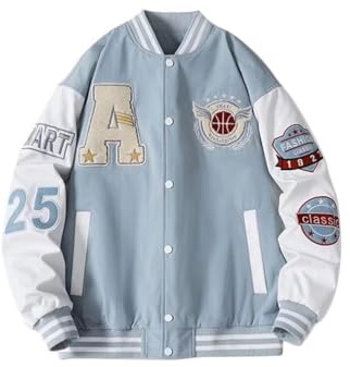 Oanviso Femmes Veste De Baseball Oversized Vintage Manteau Y2K 90S Imprimé College Jacket Veste Fille Casual Blouson Bomber Veste De Survêtement Pour Printemps B Bleu Clair M
