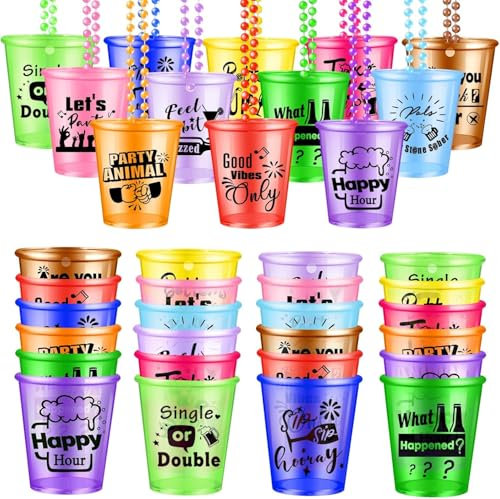 Col-Pary 36 Schnapsgläser Perlenkette,Party-Schnapsglas-Halsketten, Schnapsbecher für Geburtstag, Hochzeit, Team, Bräutigam, Braut, Festival, Partyzubehör (mehrfarbig, 12 Stile)