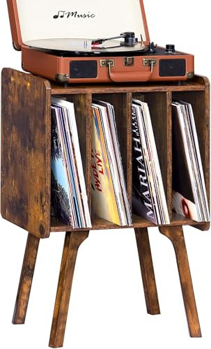 LELELINKY Porte-disques en Bois avec 4 Armoires, Table pour Tourne-disques Vinyle avec Pieds en Bois Massif, Peut contenir jusqu'à 100 Albums, Marron Étagère pour Disques Vinyle pour Le Salon