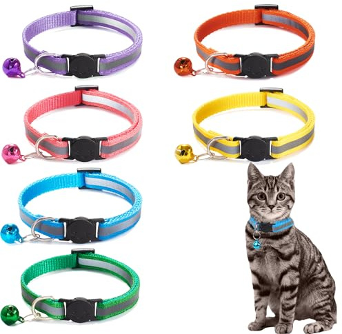 6PCS Collare Gatto, Collari Gatti Antistrozzo, Riflettenti, Con Campanellino, 6 Colori