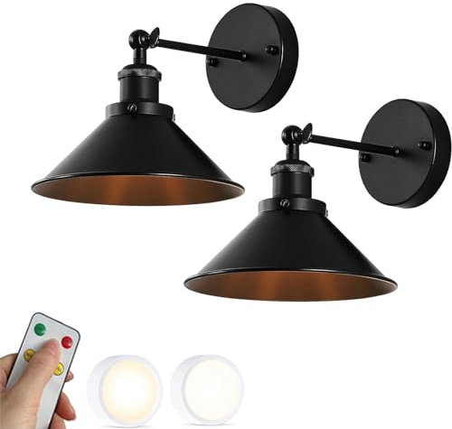 ZYGPH Lámpara de Pared Moderna Negra con Pilas, Juego de 2, inalámbrica, con Control Remoto, Bombilla LED, Estilo rústico, Industrial, Recargable, para Dormitorio, Sala de Estar, cabecero.