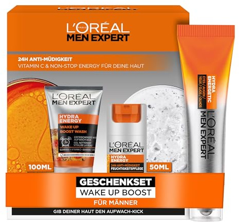 L'Oréal Men Expert kühlendes Pflegeset für Männer, Geschenkset mit Waschgel, Gesichtscreme, Augen Roll-On, Set für Herren mit Vitamin C, Hydra Energy, 3-teilig