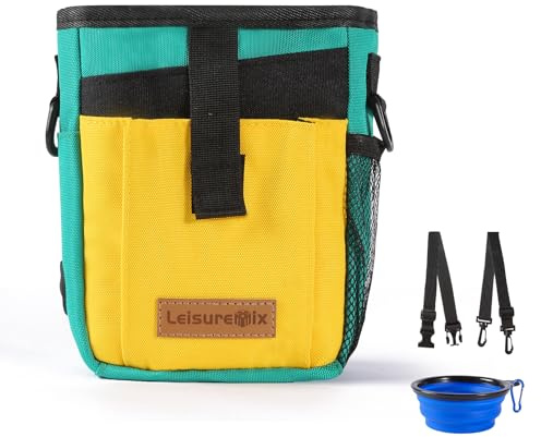 Leisuremix Dog Treat Pouch for Training, Dog Walking Bags for Women with Collapsible Bowl & Zippered Pockets, waterproof Treat Bags for Hiking Outdoor Green & Yellow