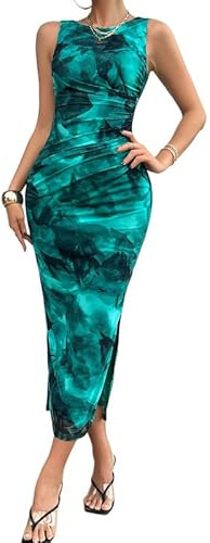 Sukiglam Damklänning Sexig Tie Dye-tryckt Lång Sommarklänning Utan Ärmar Rund Hals Klämmande Elegant Plisserad Bodycon Maxiklänning med Slits för Kvällsklänning Cocktail Festklänning Promenadklänning