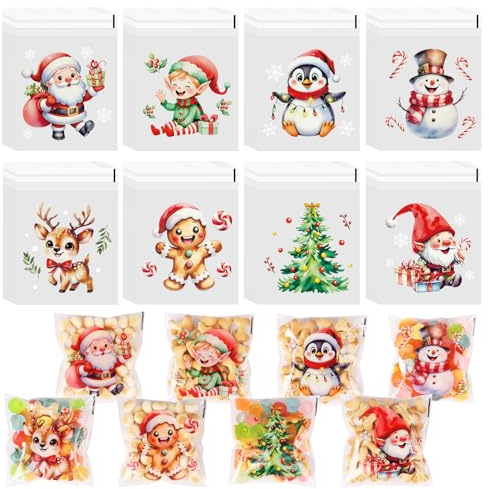 JOFONY 120 stycken självhäftande godispåsar, 10 x 10 cm jul genomskinliga kakpåsar, 8 stilar jul cellofanpåsar för julfest söta kex snacks