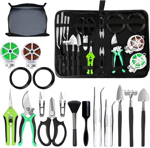 Dynaeuty Bonsai Werkzeug, 20-Teiliges Gartengeräte Set mit Gartenschere, Bonsai Schere, Bonsai Draht, Mini Rechen und Schaufel #A