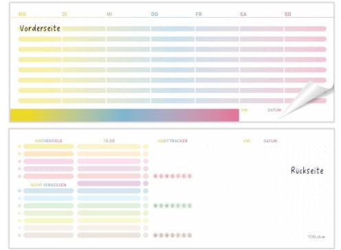 TOBJA Bunter Tischkalender Wochenplaner undatiert – 53 Blatt für 1 Jahr – DIN Lang Querformat – Wochen Tischkalender Block mit Habit Tracker – Wochenplaner Schreibtisch für Schule, Büro & Homeoffice
