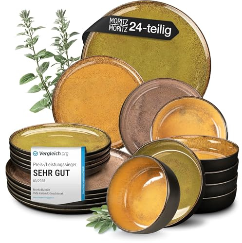Moritz & Moritz VIDA Geschirrset 6 Personen Vintage 24-tlg. - Modernes Porzellan Geschirr Set - Kratz-, Mikrowellen- & Spülmaschinenfest, Essgeschirr, Tafelservice, Kombiservice 6 Personen