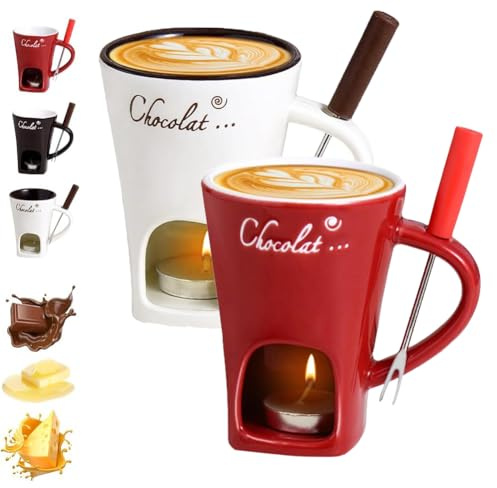 Schokofondue Tasse Set mit Gabel,Becher zum Schmelzen von Schokolade,Keramik Schoko Fondue Tassen,Mehrzweck Schokoladenfondue Tasse Set,Wärmebecher für Käse Butter Süßigkeiten Karamell (Rot+Weiß)