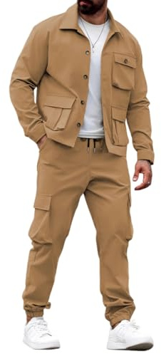 Herr retro jacka och cargobyxor 2-delat set, enfärgad krage knapp öppen sport arbetsbyxor tvådelat set, Khaki, 3XL