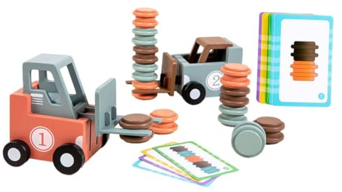 Beaupretty Juego de Mesa Infantil de Carretilla Elevadora de Construcción de Madera, Modelo Pequeño de Coche de Juguete, Vehículo Educativo para Desarrollo Temprano y Entrenamiento Lógico