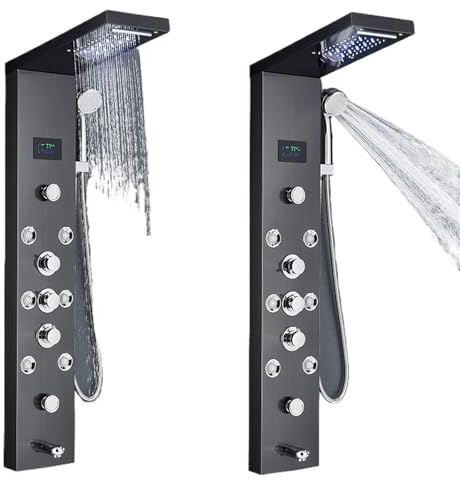 Pannello doccia a LED con a torre, cascata a pioggia, colonna doccia idroelettrica, display LCD con vasca idromassaggio for il corpo, rubinetto for doccia(Black 8009)