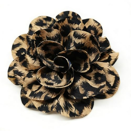 ROKZELT Rosen-Blumenbrosche, große Musselin-Brosche Leopardenmuster, Haarspange, klassisch, elegant, handgefertigt, Blumenbrosche, geeignet für Hochzeit, Party, Tanz