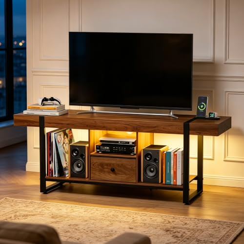 BACEKOLL 180cm TV Schrank mit LED-Beleuchtung, Modernes Lowboard mit Schublade, XXL Fernsehtisch für Fernseher bis 75/80 Zoll, Fernsehschrank für Wohnzimmer, Kabelmanagement, 180x40x50cm