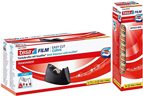 tesa tesafilm transparent - Transparentes Klebeband mit starker Haftung - alterungsbeständig und reißfest - 10 m x 19 mm (1 Packung (8 Rollen) + Tischabroller)
