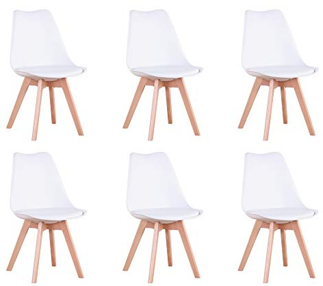 BenyLed Juego de 6 Sillas de Comedor con Asiento Tapizado y Patas de Madera de Haya, Ideal para Comedor, Cocina, Salón, Dormitorio, Blanco