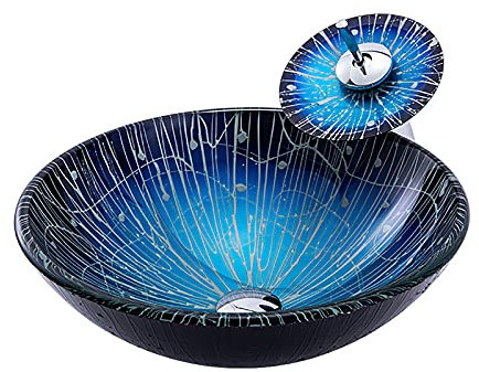 SHUGUANG Lavabo Vasque en Verre Trempé, Vasque à Poser en Verre Trempé Ronde Lavabo Lave-Mains Bleu Lavabo Vasque a Poser avec Ensemble de Drainage, Robinet Cascade, 420×420×145mm