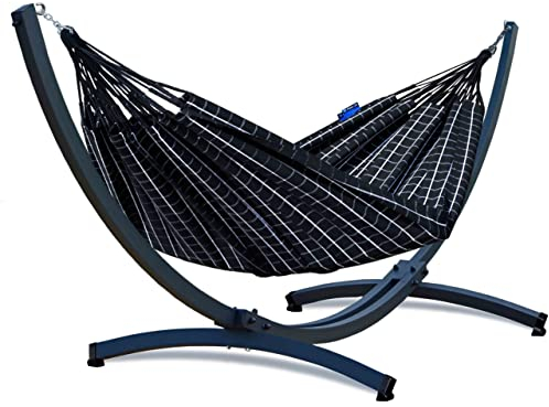 Potenza Outdoor Hängematte mit Verzinkter Tytan Gestell für 2 Personen I Baumwolle Catargo - Doppelhängematte 220x160, 220kg I Hängemattengestell 350kg, wetterfest (Schwarz, Basic Gestell Graphit)