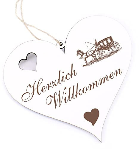 Herzlich Willkommen Schild - Pferdekutsche - Deko Herz Holz Willkommensschild Türschild Dekoschild Türdeko