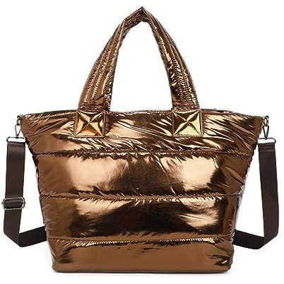 ITALYSHOP24 OBC XXL Damen Tasche Nylontasche Shopper Schultertasche Umhängetasche Beuteltasche Handtasche Weekender Reisetasche Shopping Bag Bronze