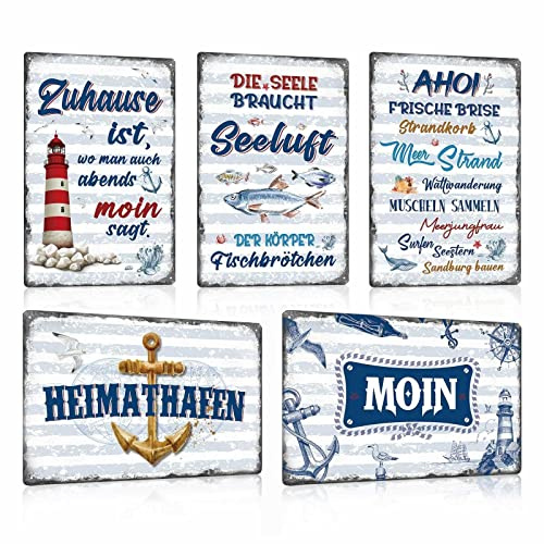 5er Set Vintage Blechschild Nordsee Meer Strand Leuchtturm - Retro Metallschild mit Spruch - MOIN - HEIMATHAFEN - Zuhause ist, wo man auch abends Moin sagt - Wand-schild Shabby Chic Deko Geschenk