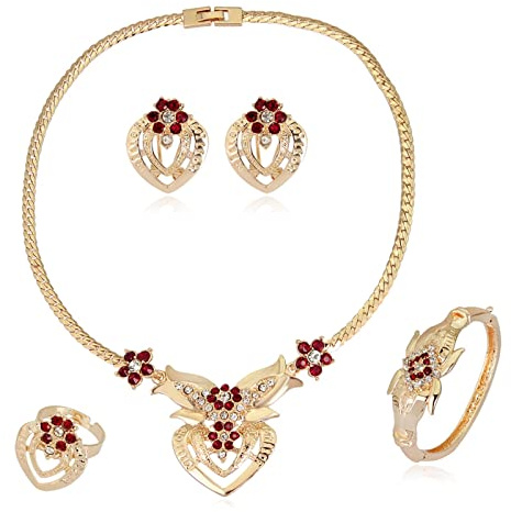 AMDXD Schmucksets 5er, Damen Ketten Set Blumen Anhänger Vergoldet Ehering Damen & Ohrringe Damen & Armband Damen mit Rot Zirkonia - Gold, Halskette Länge 45CM