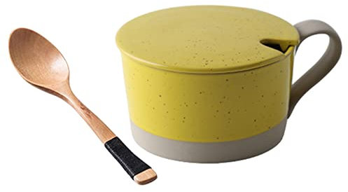 Tazones de sopa, taza de sopa de cerámica con tapa y asa, tazón de desayuno pequeño con cuchara, postre, taza de sopa de cerámica colorida apta for microondas.-amarillo-450ml ( Color : Giallo , Size :