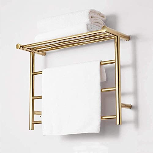 YRUIIA Scaldasalviette Elettrico Oro, portasciugamani riscaldato a Parete, stendino con ripiano, portasciugamani riscaldato in Acciaio Inox 304 per Bagno,Plugin