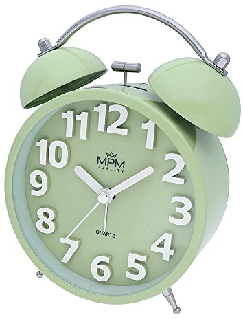 MPM Quality Design Metallwecker in trendigen Farben, Grün/Pistacie, 3D-Zifferblatt, Quarz-Uhrwerk Sweep, LED Lichtfunktion, Analog, Klassisches Klingeln, weckt selbst die größten Schläfer