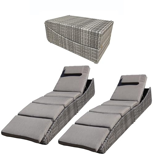 BTEXPERT Set of 2,Foldable Outdoor Chaise Pool Lounge Chair Folding Wicker Rattan Sun Bed Patio Couch Reclining Lounger Adjustable Padded Backrest Pillow Assembled - Brown