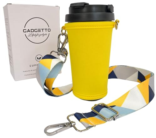 GADGETTO Cupholder Set 3-teilig Variante Gelb I Premium Thermobecher 500 ml I Umhängtasche Becherhalter I Umhängeband mit Muster I Gadget Geschenktipp Tracht Wiesn