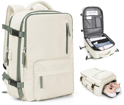 SZLX Stor Reseryggsäck För Damer Herr Kabinväskor För Ryanair Easyjet Handbagageväska Under Sätet Handbagage Reseryggsäck Kabinstorlek Flygryggsäck Fit 14-tums Bärbar Dator Med Skofack Beige Grön