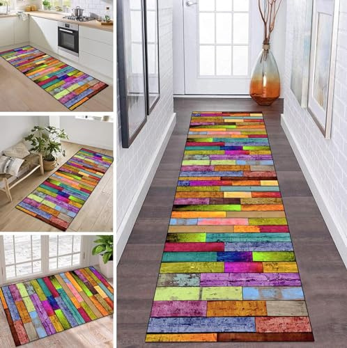 Teppich Läufer Flur Küche rutschfest waschbar Teppichläufer Lang Bunt Streifen 50X120CM Modern Design Meterware Korridor Tepiche Esszimmer Schlafzimmer Wohnzimmer Schmutzfangmatte Küchenteppich