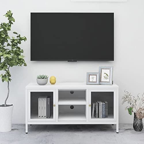 Homgoday TV-Schrank, weiß, 105 x 35 x 52 cm, aus Stahl und Glas, TV-Schrank, niedriger TV-Schrank, Couchtisch, TV-Ständer für Wohnzimmer