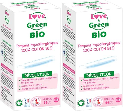Love & Green Tampons écologiques 100% Coton BIO - Normal avec Applicateur x 16 tampons - Certifiés GOTS par ECOCERT (Lot de 2)