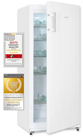 Exquisit GKS29-V-280F Getränkekühlschrank - 254 L Flaschenkühlschrank Weiß | Freistehender Getränkekühler mit Vollisoliertür, LED-Beleuchtung, 5 Gitterablagen, 105 kWh/Jahr & Rollen