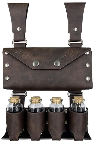 HiiFeuer Mittelalterliche Alchemie Kunstleder Gürteltasche mit 4 Kork Zaubertrank Fläschchen, Fantasy Wizard Hüfttasche Side Pack für Halloween (Braun A)