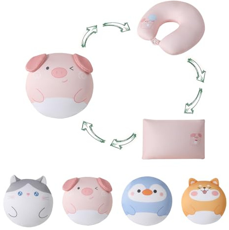 Kinderreisekissen Schlafkissen Plüschtier 3 in 1 Wandlungsfähiges Kinder-Nackenkissen, U-förmiges Kissen verwandelt sich in Kuschelkissen süße Puppe zum Schlafen & Spielen für unterwegs (rosa Schwein)