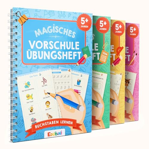 Edubini Magische Vorschule Übungshefte ab 5 Jahren für Junge & Mädchen - [4 Hefte + Stift] - Wiederverwendbare Schreiblernhefte für Vorschule - Buchstaben lernen, Schreiben lernen